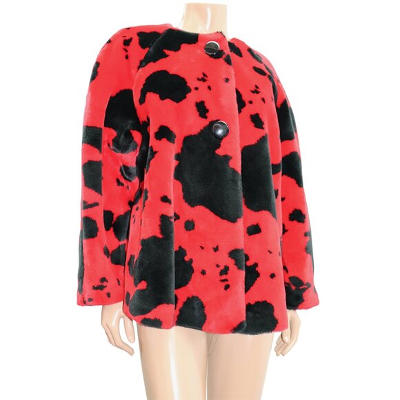LUXE Y2K Le Chateau Red Black Faux Fur Printed Statement Coat S - Picture 5 of 6